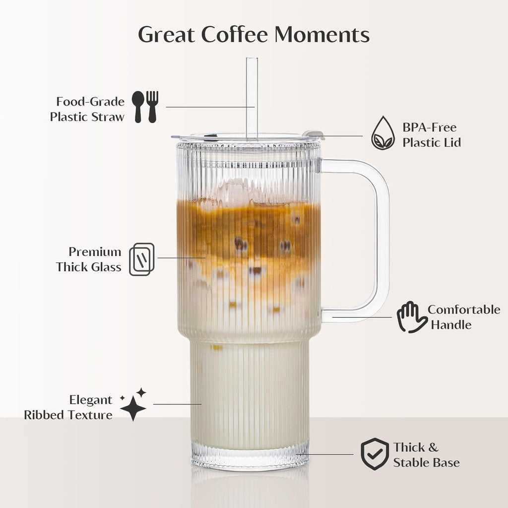24oz Ribbed Glass Tumbler with Handle & Lid – 2-Pack 🥤