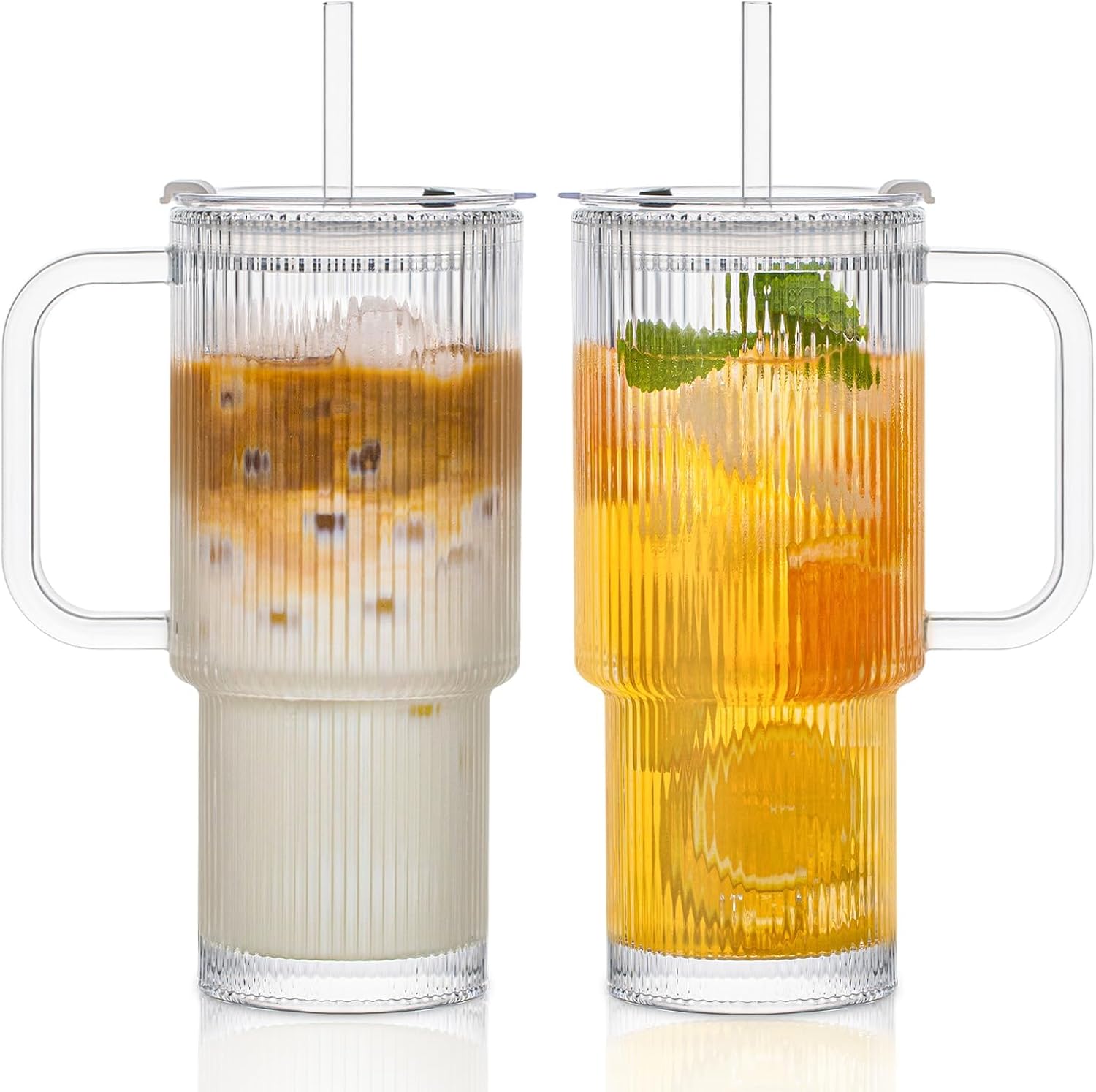 24oz Ribbed Glass Tumbler with Handle & Lid – 2-Pack 🥤