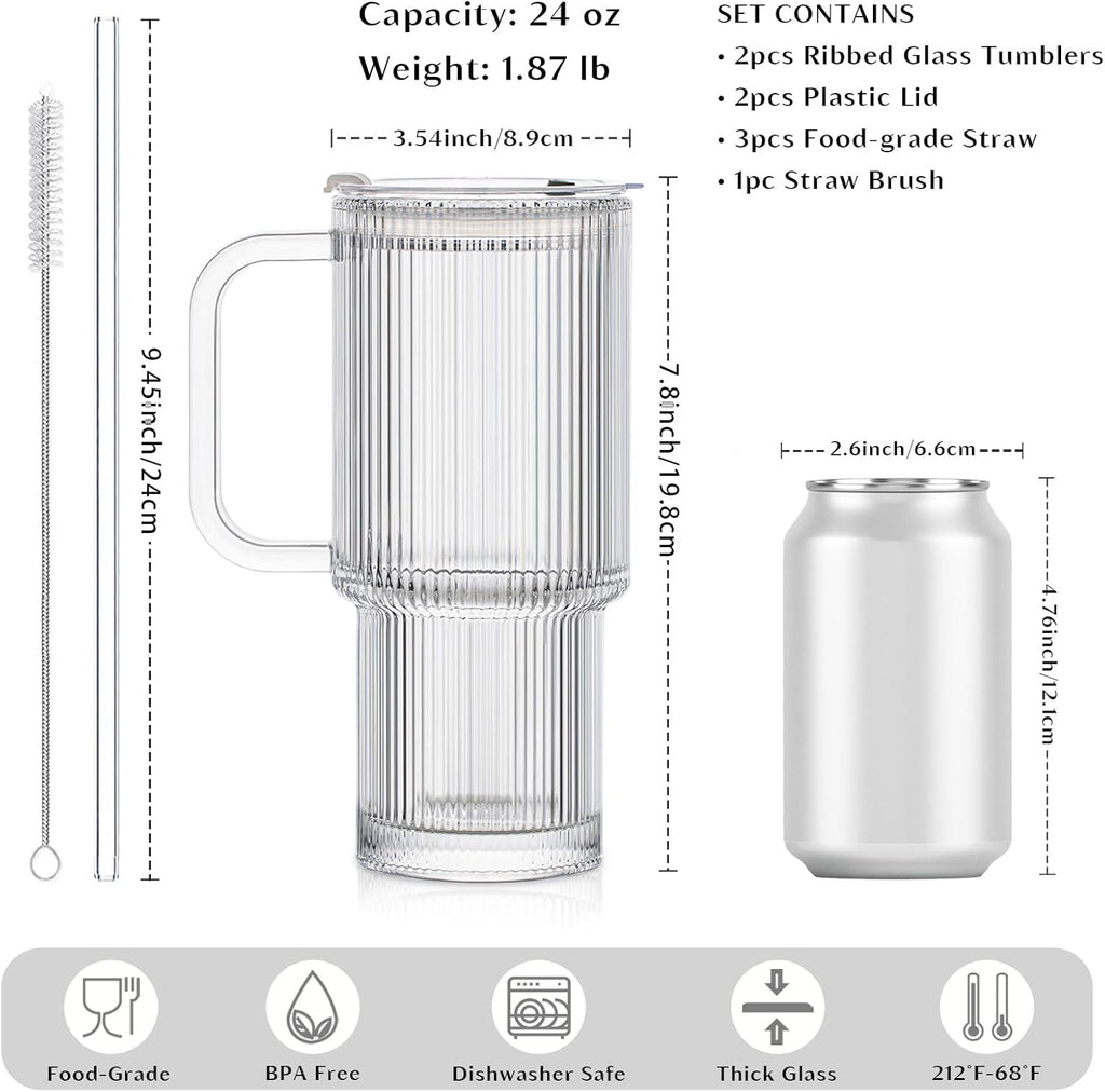 24oz Ribbed Glass Tumbler with Handle & Lid – 2-Pack 🥤