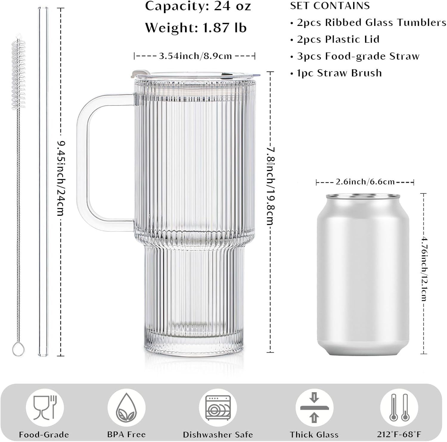 24oz Ribbed Glass Tumbler with Handle & Lid – 2-Pack 🥤