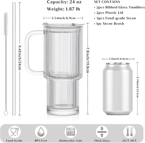 24oz Ribbed Glass Tumbler with Handle & Lid – 2-Pack 🥤