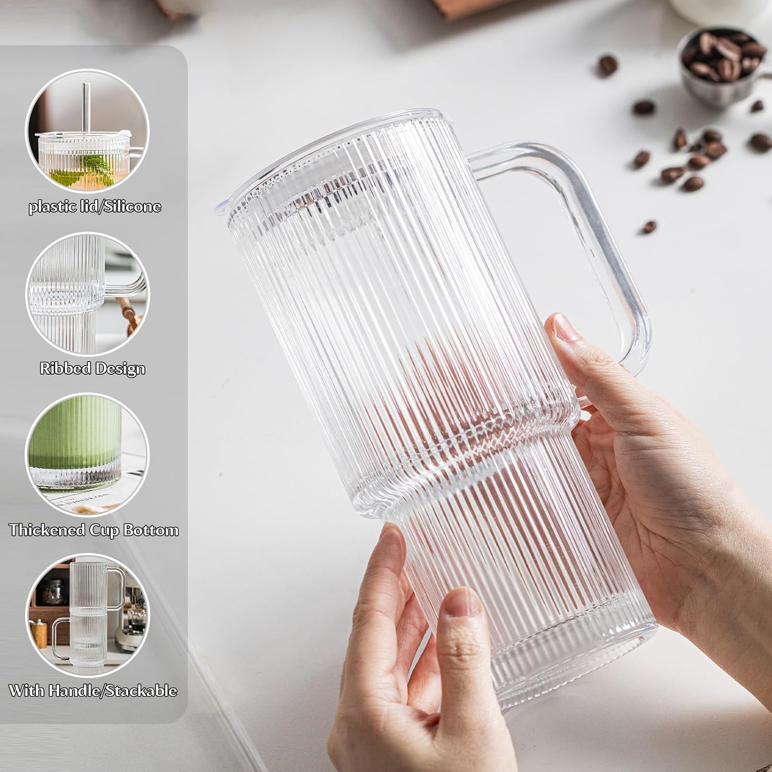 24oz Ribbed Glass Tumbler with Handle & Lid – 2-Pack 🥤