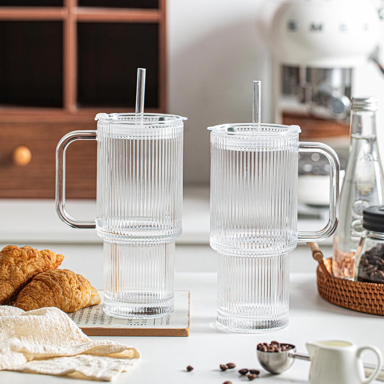 24oz Ribbed Glass Tumbler with Handle & Lid – 2-Pack 🥤