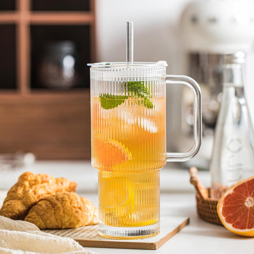 24oz Ribbed Glass Tumbler with Handle & Lid – 2-Pack 🥤