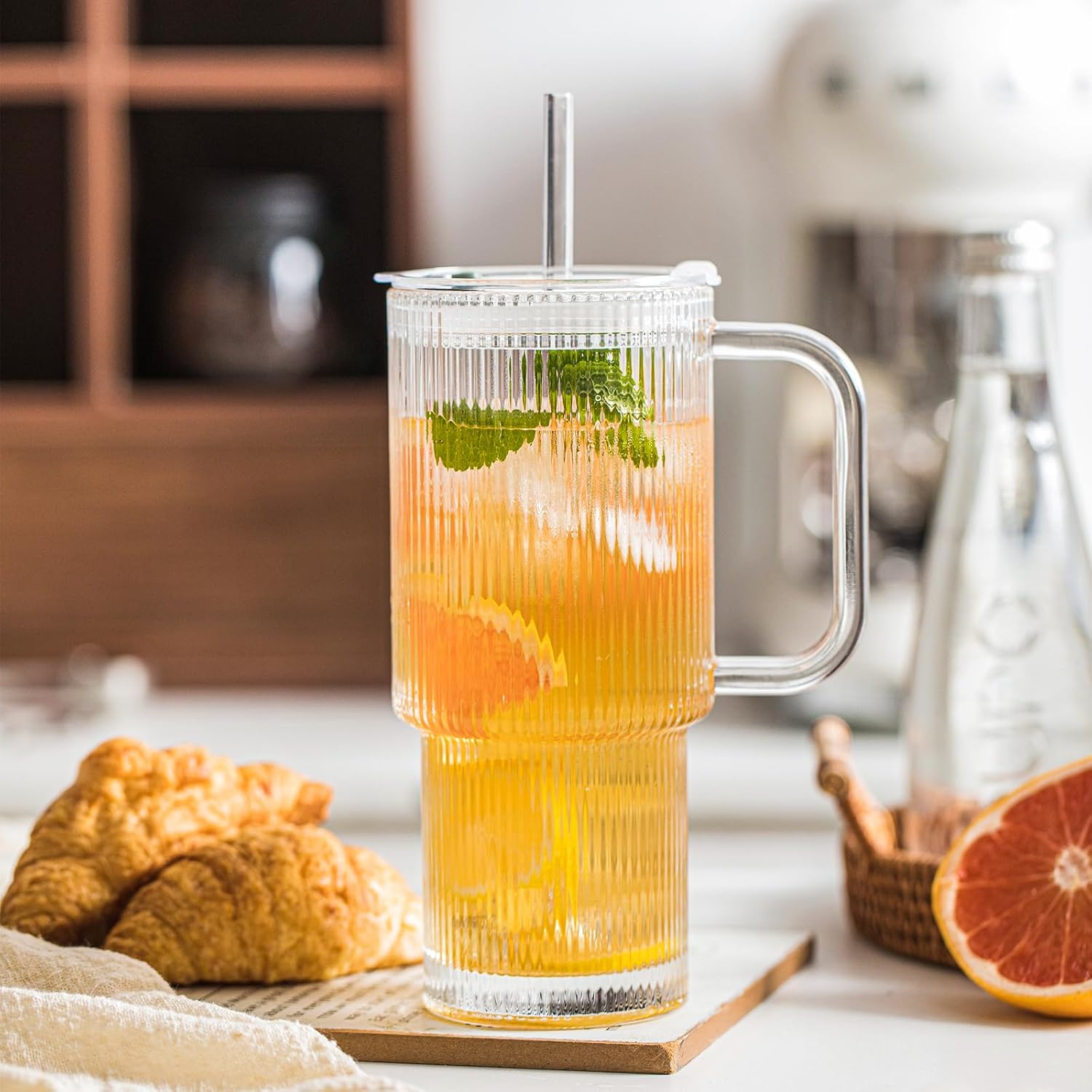 24oz Ribbed Glass Tumbler with Handle & Lid – 2-Pack 🥤