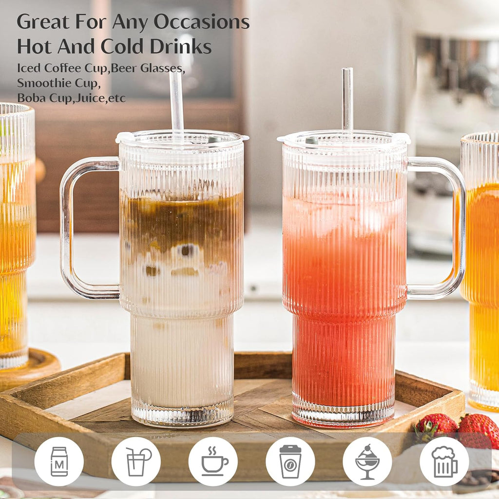 24oz Ribbed Glass Tumbler with Handle & Lid – 2-Pack 🥤