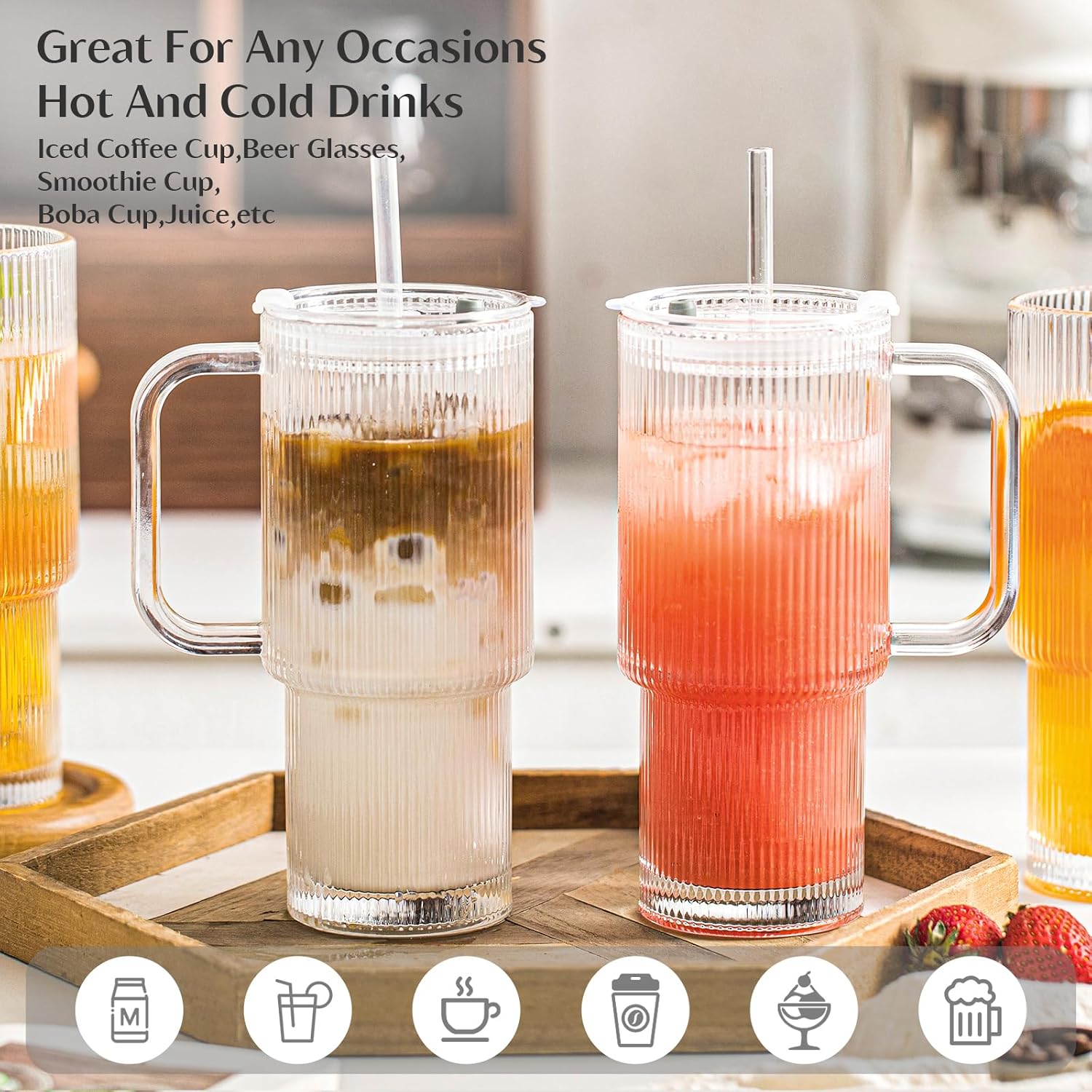 24oz Ribbed Glass Tumbler with Handle & Lid – 2-Pack 🥤